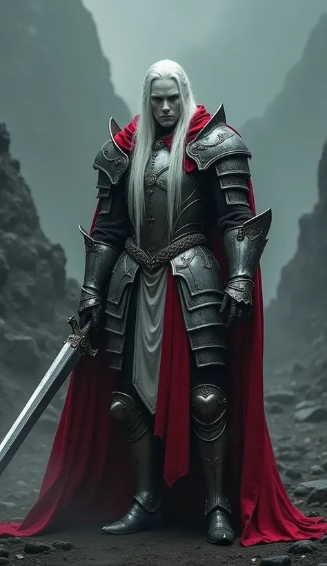 One Male albino knight with long hair, wearing heavy armor with a red hood carrying a long swords