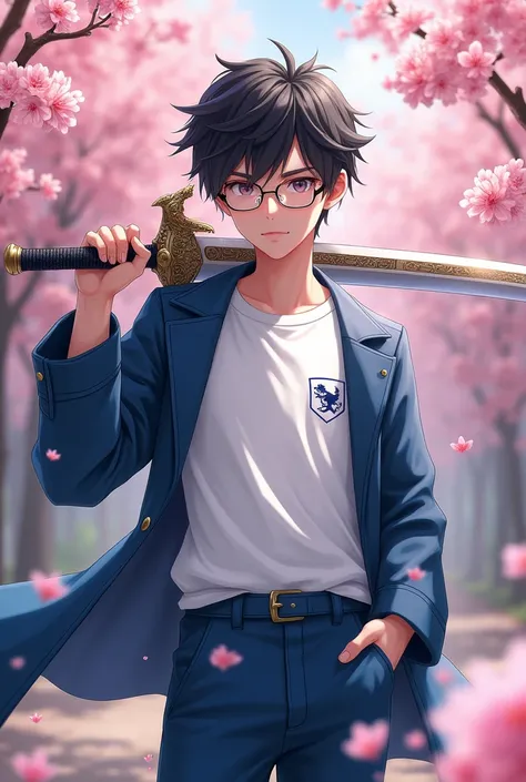 A boy of age 17 with dragon sword wearing white t-shirt with logo Ns wearing blue coat,pant and a clear glasses in a beautiful cherry garden
