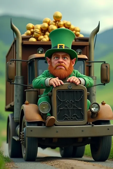 Irish leprechaun driving a truck with a serious face and the gold cup
