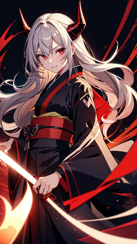 Speed lines, Shadow of a character image in a standing pose, anime, horns, Parted lips, Smirk, very long hair, demons, nature, two-handed black and red sword, kimono, High detail, masterpiece, textured leather, 