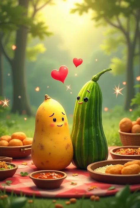 :Depict Aloo and Bhindi sitting together on a picnic blanket, with a spread of delicious food, while hearts and sparkles float around them to emphasize their blossoming romance.