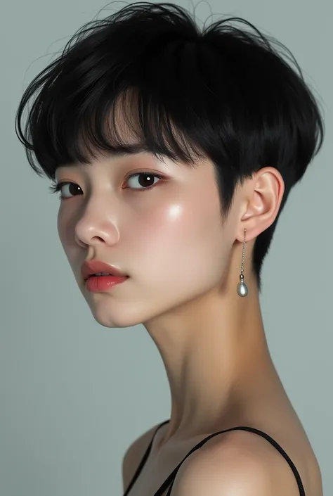  mango, Korean,black hair undercut hair style, light skin, black and slanted eyes, thin lips and nose ,eyebrows not too thin,medium body