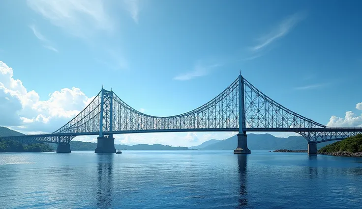 Generate an ultra-high-resolution (32k) hyperrealistic image of one of Florianópolis iconic tourist landmarks, the Hercílio Luz Bridge, on a clear day with a bright blue sky. The scene captures the bridges intricate structure, illuminated by natural sunlig...