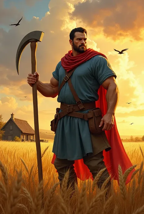 "A muscular, strong-jawed man resembling Superman, wearing simple linen farming clothes with a faded blue tunic and red scarf. He is in the middle of a golden wheat field at sunset, holding a large scythe. His face shows determination, his hands calloused ...