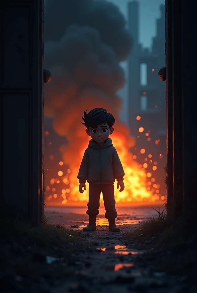 In cinematic 3d cartoon style "The room plunges into total darkness. Only the vague outline of Raghav is visible, with his eyes searching frantically in the dark. A sudden loud explosion is heard, but the source is hidden in the shadows. The scene is fille...