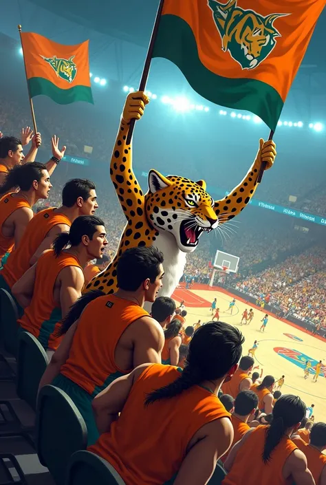 BARRA BRAVA IN THE STANDS OF A PACK OF MANY JAGUARS SUPPORTING THEIR BASKETBALL TEAM WITH A LOT OF STRENGTH AND ENTHUSIASM WITH DRUMS, BUBUCELAS, CEREMONIES BANNER FROM THE STANDS WITH PLAIN ORANGE UNIFORM

