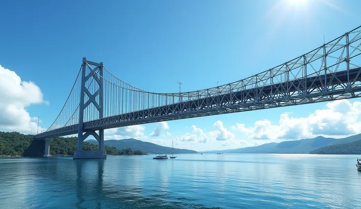 Generate an ultra-high-resolution (32k) hyperrealistic image of one of Florianópolis iconic tourist landmarks, the Hercílio Luz Bridge, on a clear day with a bright blue sky. The scene captures the bridges intricate structure, illuminated by natural sunlig...