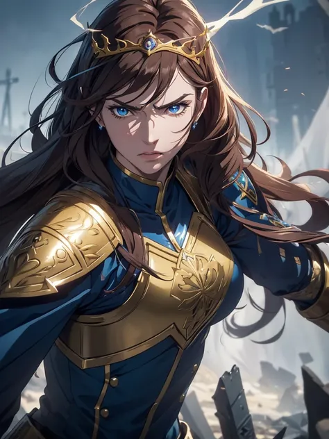 (8k, ultra detailed, realistic style: 1.3), anime warrior woman, long wavy brown hair, with a determined and powerful look, inte...