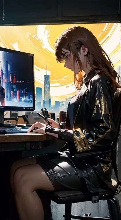 Vibrant digital painting of a woman with intricate, metallic accents on her clothing, sitting at a sleek, high-tech desk, bathed in the glow of a futuristic computer screen, with a hypnotic clock hovering in the background, amidst a dense, cyberpunk citysc...