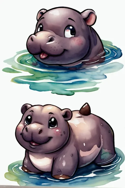 (Masterpiece),(illustration),(Best Quality), A cute Pygmy hippo in illustration cartoon style, water color, On white background