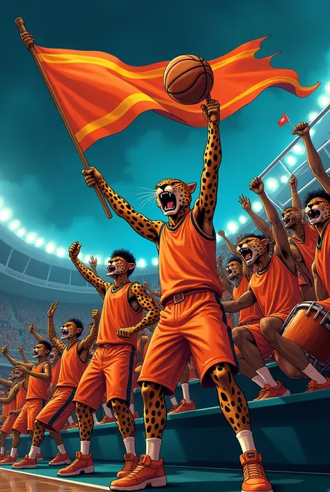 BARRA BRAVA IN THE STANDS OF A PACK OF MANY JAGUARS SUPPORTING THEIR BASKETBALL TEAM WITH A LOT OF STRENGTH AND ENTHUSIASM WITH DRUMS, BUBUCELAS, CEREMONIES BANNER FROM THE STANDS WITH PLAIN ORANGE UNIFORM

