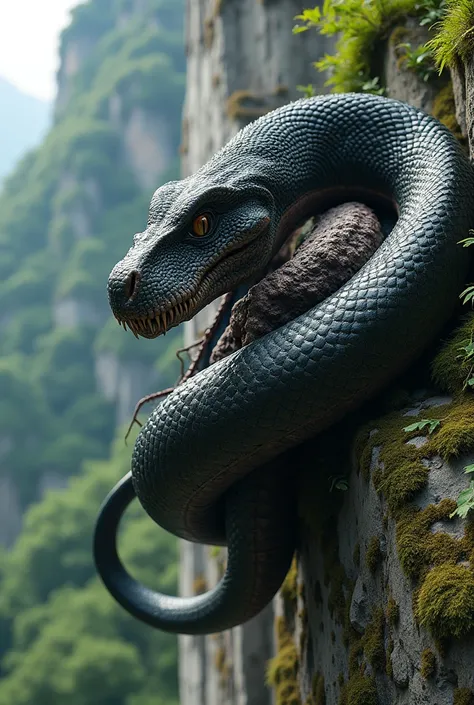 A giant black snake is wrapped around a dinosaur carcass on the edge of a green mountain cliff. , realistic image, detailed