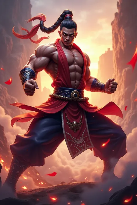 Create an impressive and dynamic avatar of Badang from Mobile Legends, showcasing his martial arts prowess. He should be depicted in a powerful pose, with intricate details on his outfit and a vibrant background that highlights his fighting spirit. Emphasi...