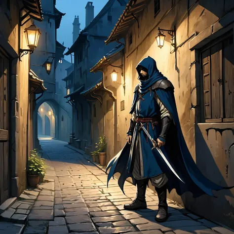 A weathered man（assassin），Wear a night suit，Wearing a cape，Holding a dagger，Hiding in the shadows of the alley，Leaning against the wall，Weiwei looked out to check the street conditions，The surrounding environment is a dark night。Magical World，Medieval Euro...