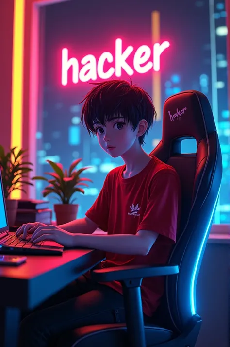 Great a anime boy who is sitting on a neon lighting gameing chair in a room. there is red, yellow, blue, pink neon lights in the room. The character wear a red t-shirts. Anime hand is on the desk. There is two plant on the desk. A night city look from behi...