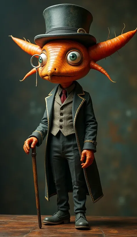 a humanoid supernatural creature with a carrot head, human-like face, Alice in Wonderland inspired gentlemans hat, monocle, cane, extremely detailed clothing, full body shot, 4k 8k, photorealistic, masterpiece