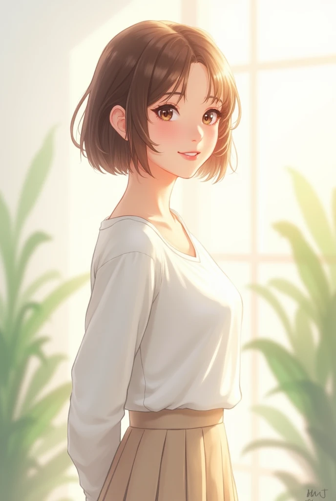 Take an image of a smiling woman with short light brown hair。She is standing slightly to the side、She is wearing a white long sleeve blouse and a light beige pleated skirt。The background is minimalistic、With soft lighting、Make some plants visible in the bl...