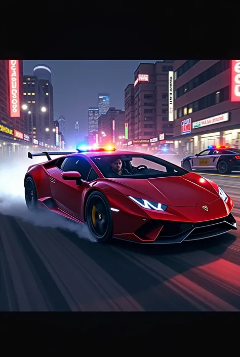 Grand the auto 5 style image, man riding inside a lamborghini huracan, with one hand holding the steering wheel and the other hand holding a gun, urban surroundings, Behind the vehicle there are police cars, night time 