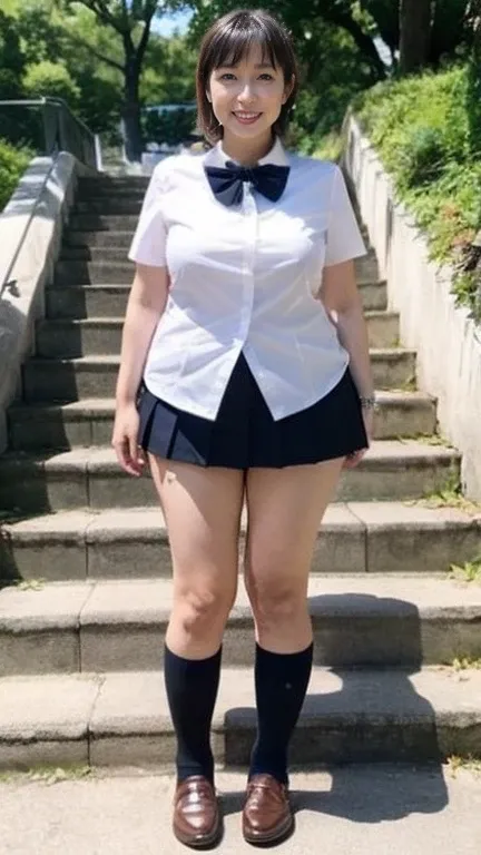 4K、Japanese Mature Woman、4、Porn actress、ponytail、(((Plump figure、Emphasizes plump thighs)))、(Earrings)、(High school girl uniform)、tuck shirt into skirt、Wearing high heels、(Standing on the stairs in the park、Shot from the bottom of the stairs、Photograph the...