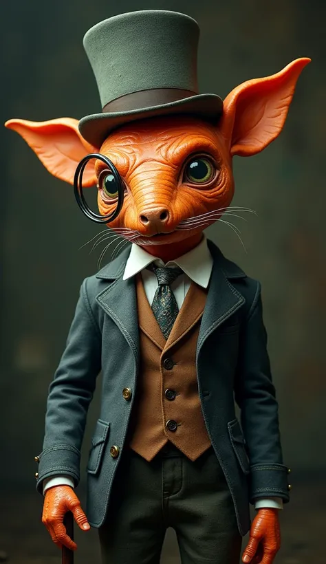 a humanoid supernatural creature with a carrot head, human-like face, alice in wonderland inspired, gentlemans hat, monocle, cane, extremely detailed clothing, full body shot, (best quality,4k,8k,highres,masterpiece:1.2),ultra-detailed,(realistic,photoreal...