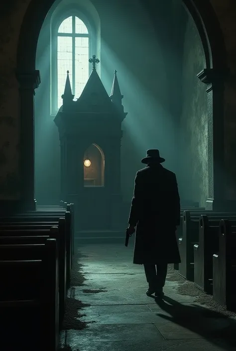 : "A close-up of a detective slowly approaching an old confessional booth in a dark, shadowy church. His gun is drawn, and the air is thick with tension. The booth is weathered and creaks ominously in the silence."
