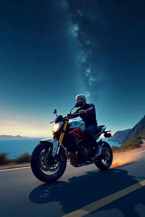 A Yamaha Hornet 600 motorcycle with a white man with short straight hair on top of the motorcycle heading towards the sea in a super starry and realistic sky 
