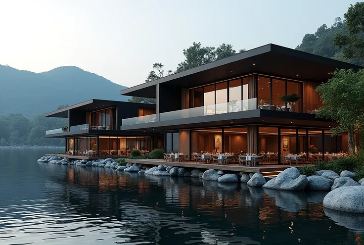 Restaurants by a lake, luxurious, architecture in black and brown 