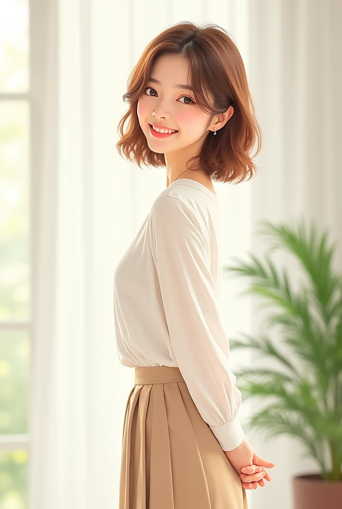 Take an image of a smiling 4 woman with short light brown hair.。She is standing slightly to the side、She is wearing a white long sleeve blouse and a light beige pleated skirt。The background is minimalistic、With soft lighting、Make some plants visible in the...