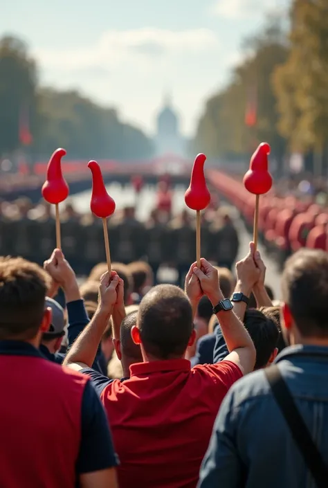 A group of men with penis-shaped dildos in their hands, watching the military parade by 