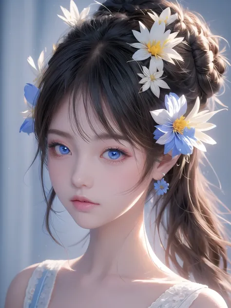 1girl,Bun,Hair,Flowers,Eyes,Blue,Photo 