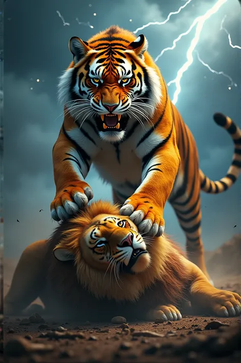 In the midst of cloudy weather, a tiger has killed a lion and one leg of the tiger is over the lions body and it is looking towards the camera and roaring with its eyes wide open.the colour of image is vibrant and lightning is dramatic