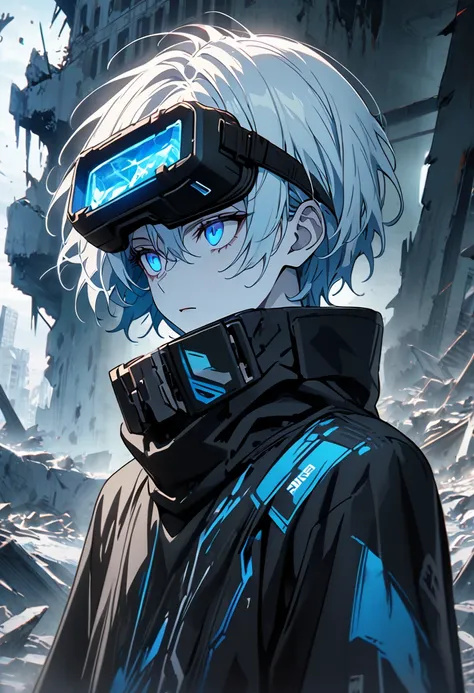 One boy, masterpiece, Best Quality, Beauty, Very white skin:1.3, Expressionless, Ice-cold eyes, Confused eyes, Short Hair, Light blue hair, Black jersey, Head-mounted display, Cyber clothes, ruins, anime