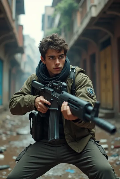 Young man armed with an MP5K submachine gun, MP5K (midsized, without a butt, avec une poignet), (Ultra-detailed MP5K submachine guns), he fights in a dilapidated street, style photoréaliste 8K