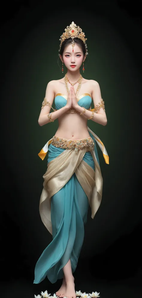 Beautiful woman dancing leisurely，The body is entwined with flowers and green leaves，bail_particle,光particle花朵，全由光particle组成的衣饰，Cross-legged lotus position,Sit on the lotus seat，A girl made of particle,The density of Metal Wire at the finger part is high,b...