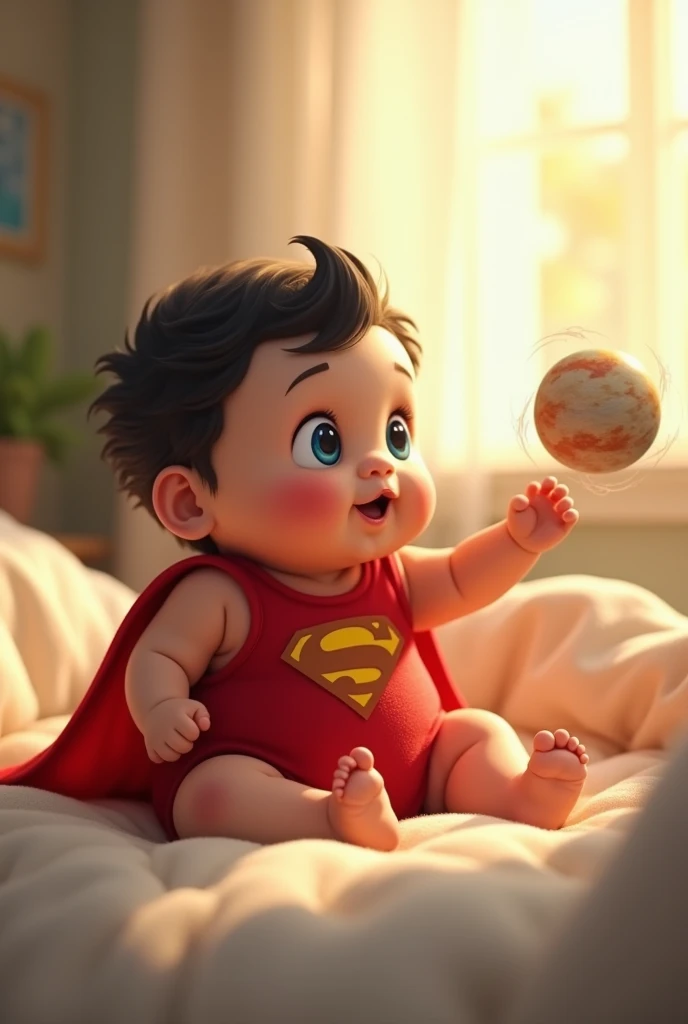 "A chubby baby boy resembling Superman, with soft black hair and bright blue eyes, sitting in a cozy crib. He wears a tiny red onesie with a miniature yellow ‘S’ symbol on the front, and a baby-sized red cape draped over his shoulders. His expression is cu...