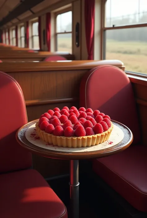 une image realiste de tarte a la framboise qui prend le train assis a une place