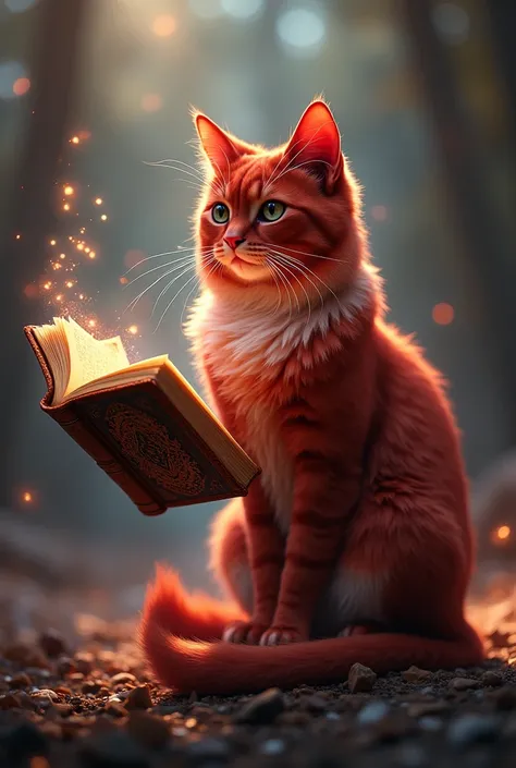 Make a magical cat with a mystical flying book with red fur
