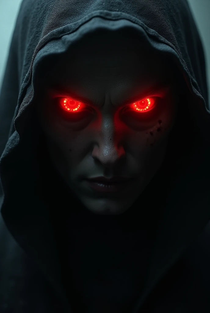 A close-up of the figures eyes, glowing in a fiery red, with a sinister intensity. The eyes are the only clear feature in the darkness, staring straight at Amit.