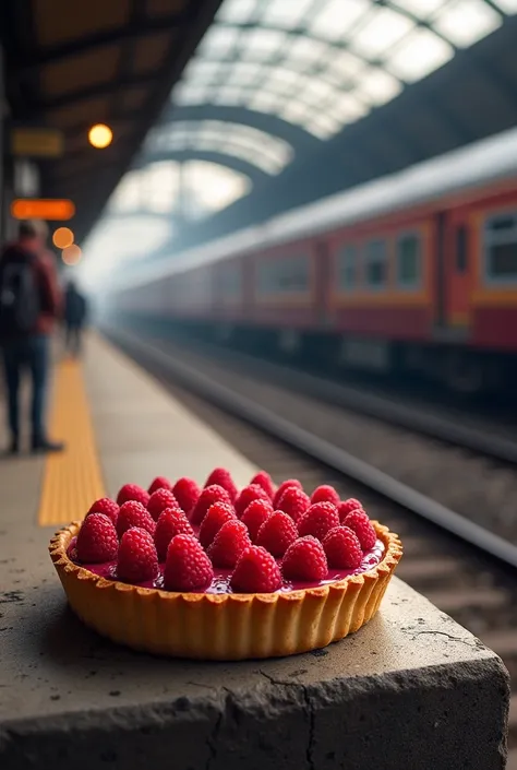 une image realiste de tarte a la framboise qui prend le train (le train est en gare) poser sur une place 