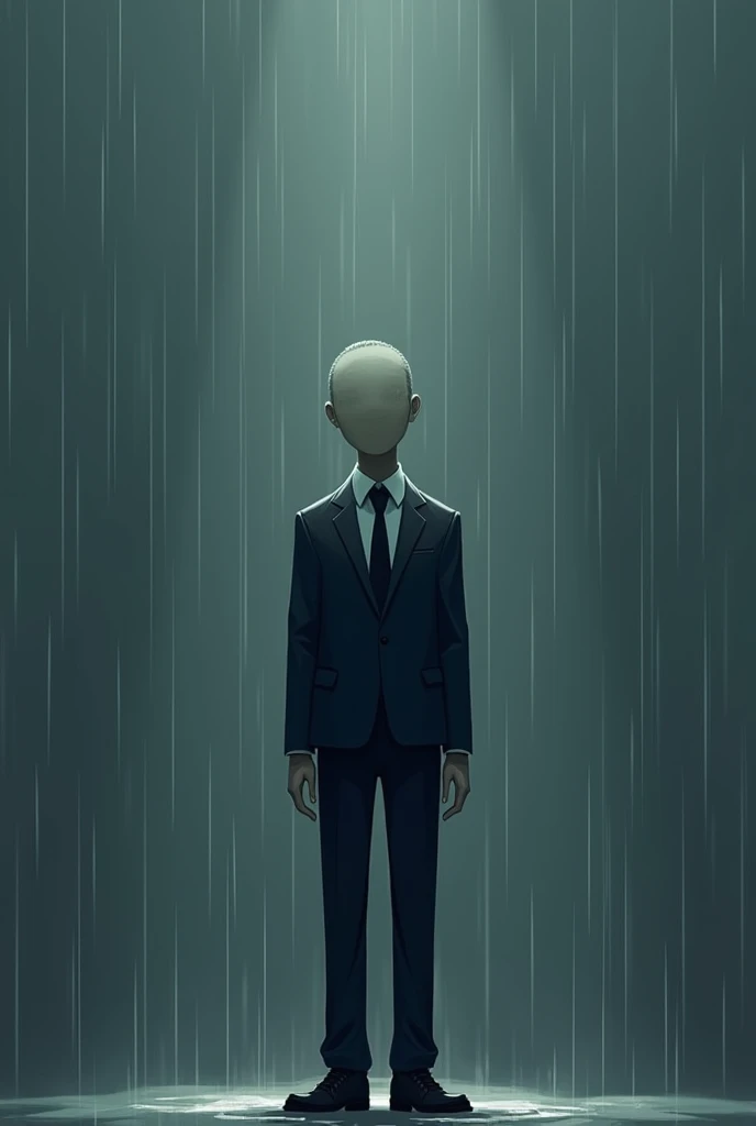 Sad  faceless Man wearing suit standing in rain cartoon way