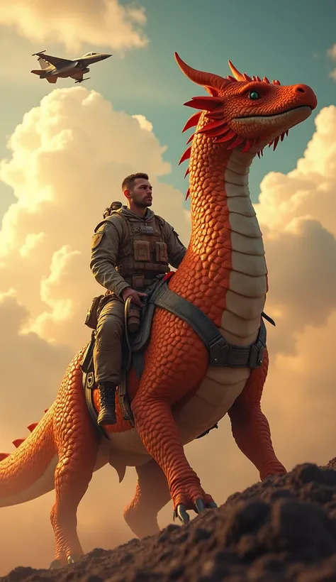 An American soldier riding an orange dragon, in the background…a sky with clouds and an f16 fighter.best quality, 