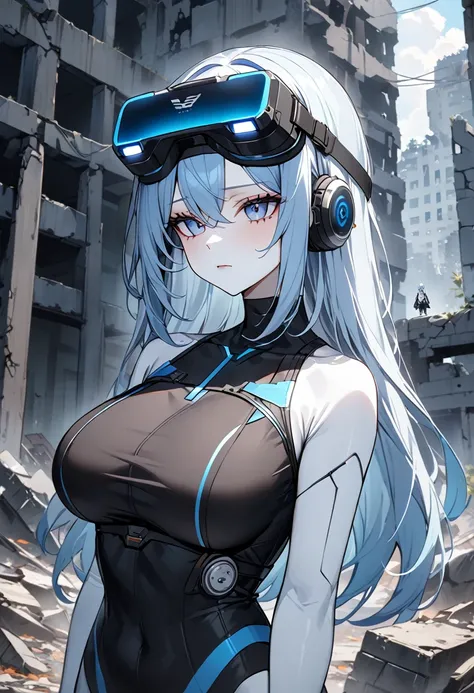 One girl, masterpiece, Best Quality, Beauty, Very white skin:1.3, Expressionless, Light blue hair, Black jersey, Large breasts, Head-mounted display, Cyber clothes, ruins, anime