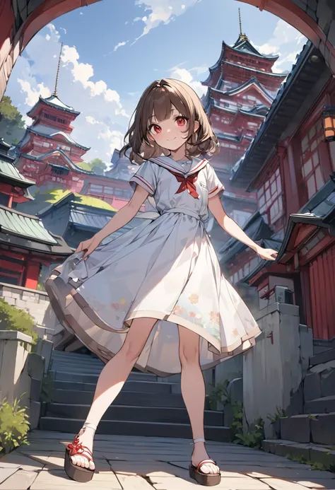 A girl with long brown hair (1), red eyes, smiling, wearing a white sailor dress (1) and sandals, is striking a model pose in front of a majestic Japanese castle. The scene captures her elegant stance with the grand and historic castle as the backdrop, ble...