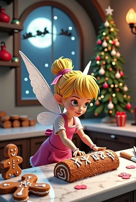 Une petites fées qui ressemble a tinkerbell avec un tablier rose fushia fabrique des bûches de Noël dans un univers féerique. Elle est dans un fournil de patissier, il y a des bonhomme en pain dépices. Il y a une petite fenêtre par laquelle on voit la plei...