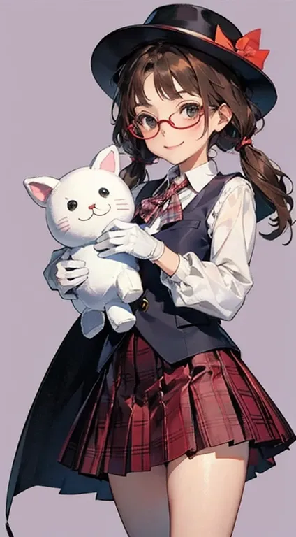 1girl, solo, usami sumireko, brown hair, brown eyes, glasses, white gloves, hat, long sleeves, purple skirt, purple vest, plaid vest, white shirt, black headwear, red-framed eyewear, plaid skirt, low twintails, under-rim eyewear, pleated skirt, puffy sleev...