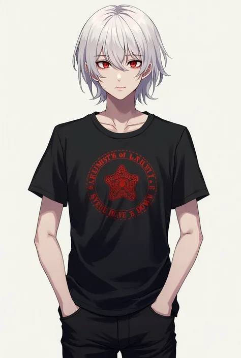 Anime boy with medium long white hair, red eyes and female body, wearing black jeans and a black t-shirt "system of a down" 