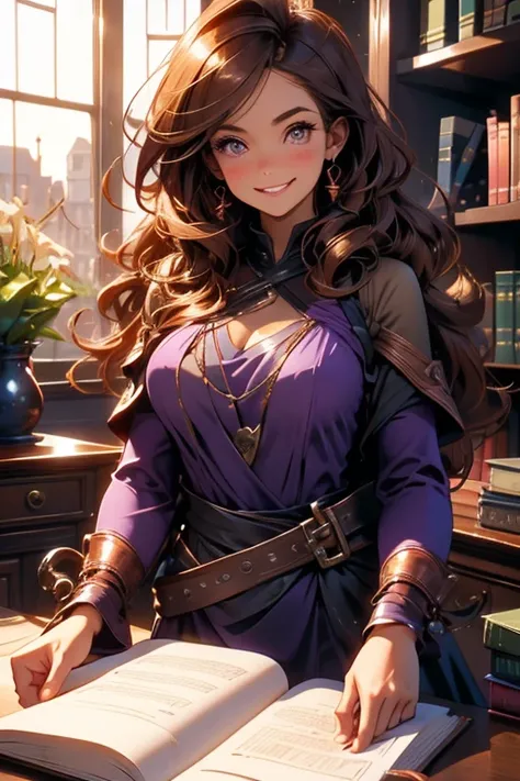 Perfect face. Perfect hands. A brown haired woman with copper eyes with an hourglass figure in a violet dress is filing paperwork by an open window in an ancient library with a big smile
