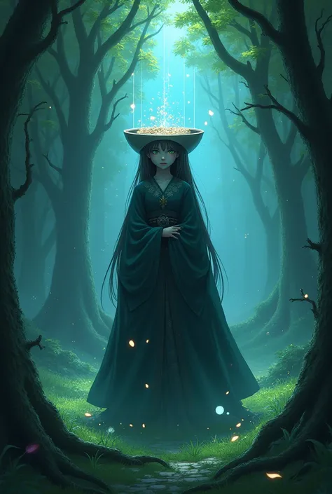 a visual representation of Shiori with the bowl on her head in the forest covering till her nose . The atmosphere reflects both the magic and the curse surrounding her.