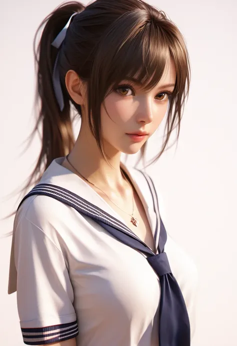 score_9, score_8_up, score_7_up, 1girl,Medium height,Slim body type,Long dark brown hair, tied in a ponytail with a ribbon,Big deep brown eyes,school uniform, hand painted necklace,realistic skin texture,Solid white background, detailed picture,distant sho...