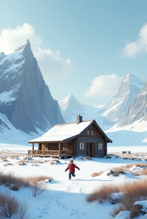 Detailed image of a house in a greenland land, the house is made of wood and a kid running to the opposite side of the house, 